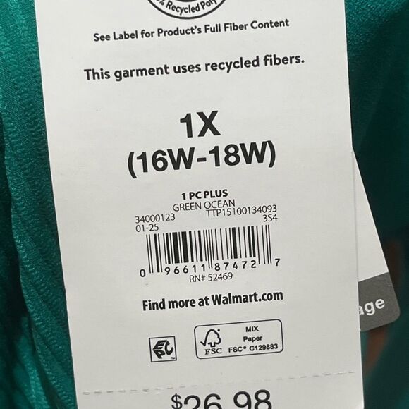 Time And Tru Green Strapless One-Piece Cut Out Ribbed Swimsuit, Size 1X 16W-18W - Picture 8 of 8